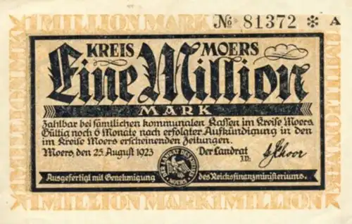 Städte Großgeldscheine - Banknoten während der Inflationszeit v. 1923  1 Million Mark -  "GUTSCHEIN" (0050)