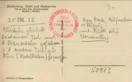 Baden-Baden v. 1925  Merkurberg ,Hotel und Restaurant  (52923)