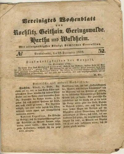 Vereinigtes Wochenblatt v. 28.12.1839 Rochlitz,Geithain,Geringswalde,Wartha,Waldheim (54981)