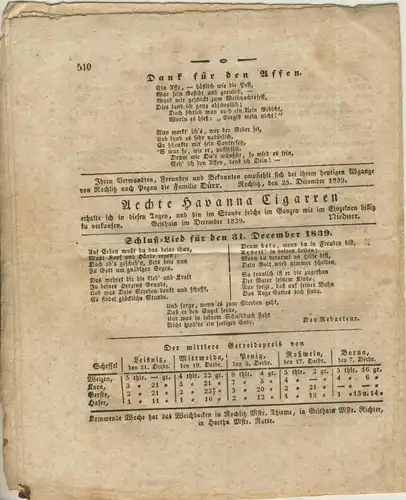 Vereinigtes Wochenblatt v. 28.12.1839 Rochlitz,Geithain,Geringswalde,Wartha,Waldheim (54981)