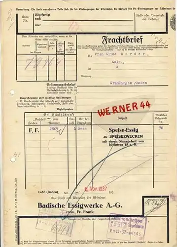 Freiburg v. 1937  Badische Essigwerke A-G, --- FRACHTBRIEF
