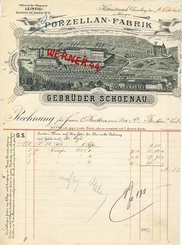 Hüttensteinach v. 1887  Gebrüder Schoenau, Porzellan Fabrik --- FIRMENRECHNUNG (40043)