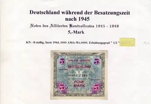 Deutschland während der Besatzungszeit - Noten des Alliierten Kontrollrates 1944  5 Mark  (122)