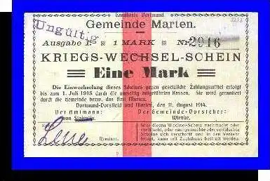 Kriegs-Wechsel-Schein, Gemeinde Marten v. 1914  Eine  Mark -  "NOTGELD" (002)