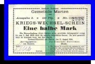 Kriegs-Wechsel-Schein, Gemeinde Marten v. 1914  Eine halbe Mark -  "NOTGELD" (003)