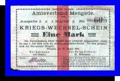Kriegs-Wechsel-Schein, Gemeinde Mengende v. 1914  Eine Mark -  "NOTGELD" (004)
