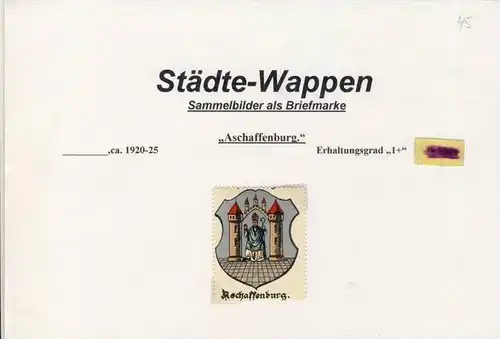 Städte Wappen - ASCHAFFENBURG ca. v. 1925  --- siehe beschr. !! (45)