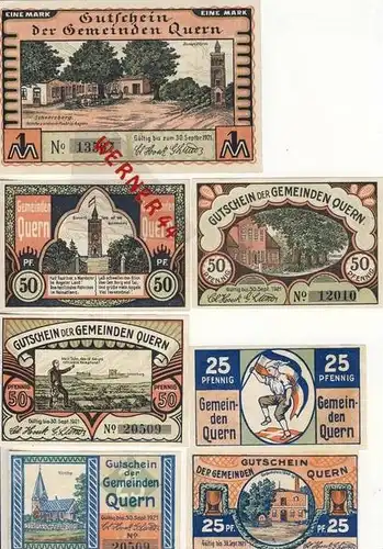 Städte Notgeldscheine - Banknoten während der Inflationszeit v. 1921 Quern 3x25,3x50Pfg.+1Mark. - "GUTSCHEIN" (354)