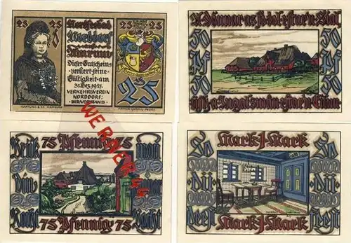 Städte Notgeldscheine - Banknoten während der Inflationszeit v. 1921 Norddorf 25,50,75 Pfg..+1Mark. - "GUTSCHEIN" (356)
