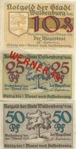 Städte Notgeldscheine - Banknoten während der Inflationszeit v.1920 Waldenburg-Schl. 10,25,50 Pfg. - "GUTSCHEIN" (373)