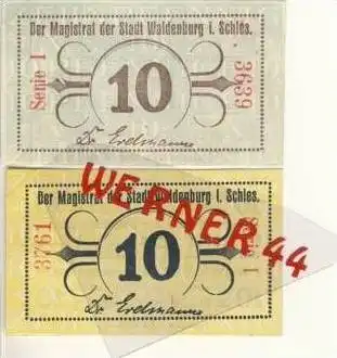 Städte Notgeldscheine - Banknoten während der Inflationszeit v.1919 Waldenburg-Schl. 2x10 Pfg. - "NOTGELD" (376)