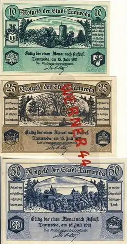 Städte Notgeldscheine - Banknoten während der Inflationszeit v.1921 Tannroda 10,25,50 Pfg.- "NOTGELD" (384)