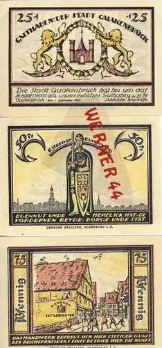 Städte Notgeldscheine - Banknoten während der Inflationszeit v.1921Quakenbrück 25,50,75 Pfg.- "NOTGELD" (385)