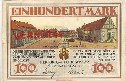 Städte Notgeldscheine - Banknoten während der Inflationszeit v. 1922 Herfort 100 Mark  "GUTSCHEIN" (149)