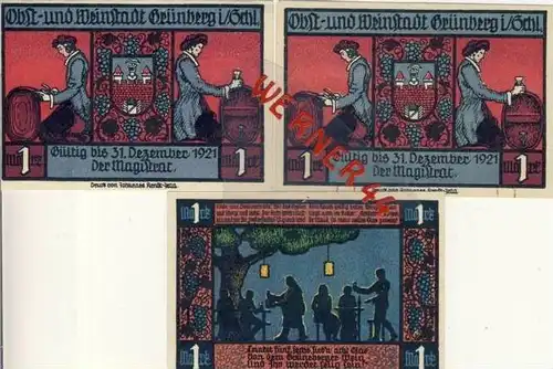 Städte Notgeldscheine - Banknoten während der Inflationszeit v. 1922 Grünberg 3x 1 Mark  "NOTGELD" (439)