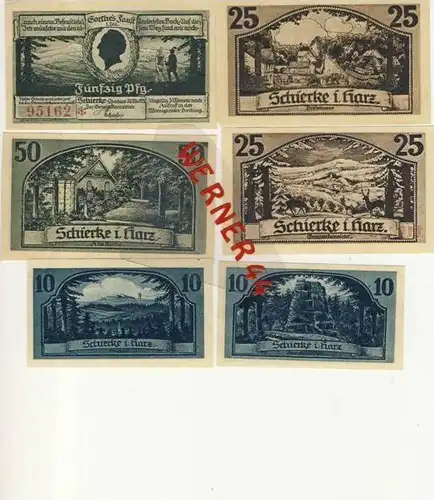 Städte Notgeldscheine - Banknoten während der Inflationszeit v. 1921 Schierke 2x10,2x25,2x50 Pfg.  "NOTGELD" (473)