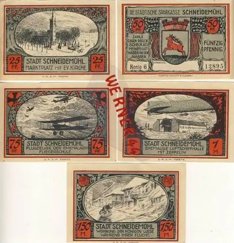 Städte Notgeldscheine -Banknoten während der Inflationszeit v.1921Schneidemühl 25,50,75 Pfg.+1+1,50 Mark "NOTGELD" (529)