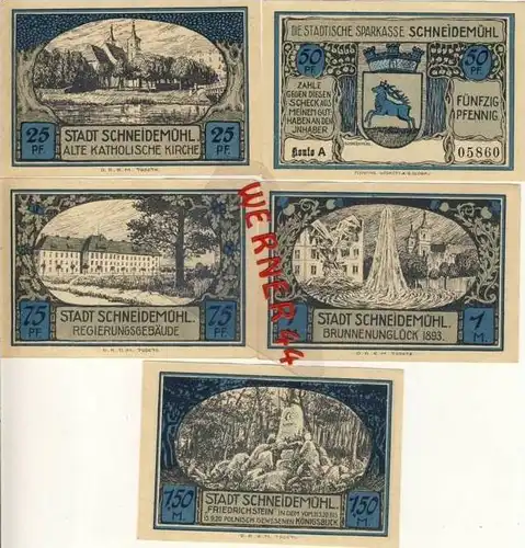 Städte Notgeldscheine -Banknoten während der Inflationszeit v.1921Schneidemühl 25,50,75 Pfg.+1+1,50 Mark "NOTGELD" (530)