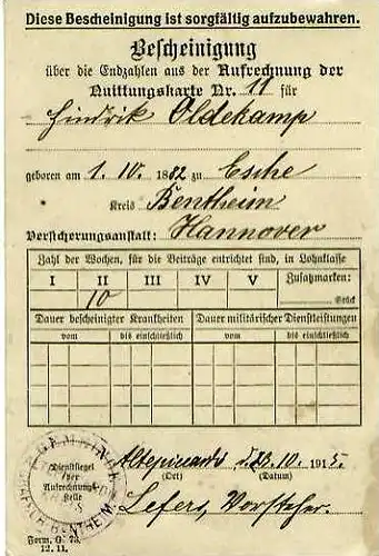 Bentheim-Esche  v. 1915 Aufrechnung der Quittungskarte - siehe Foto  (25035)