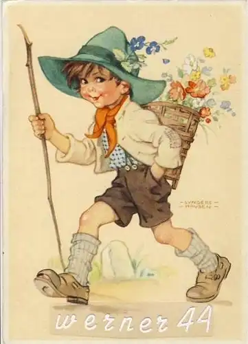 Junge beim Wandern mit Korb auf dem Rücken v. 1940  (26076)