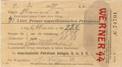 Amerikanische Petroleum Anlagen G.m.b.H v. 1921  40 Liter Prima amerikanisches Petroleum gekauft --- siehe Foto!!  (094)