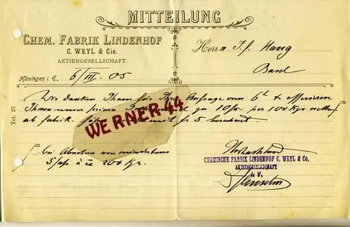 Hüningen i. E. v. 1905  Chem. Fabrik Lindenhof --- siehe Foto!!  (099)