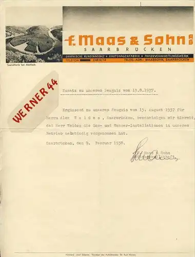 Saarbrücken v. 1937  F. Maas & Sohn,Kartonagenfabrik,-Al ex Weides -- ZEUGNIS --  siehe Foto !!   (112)