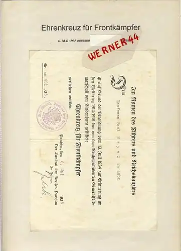 Parchim v. 1935  Ehrenkreuz für Frontkämpfer  --  siehe Foto !!   (092)