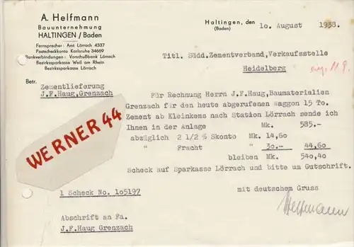 Haltingen v. 1938 A. Helfmann - Bauunternehmung -- siehe Foto !!  (086)