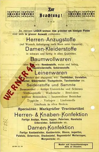 Lörrach v. 1908  Vortisch. Manufacturwaren --siehe Foto !!  (080)