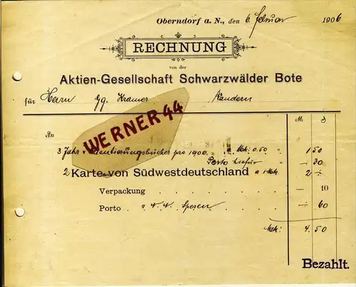 Oberndorf a. N. v. 1906  Aktien Gesellschaft Schwarzwälder Bote -- siehe Foto !!  (078)
