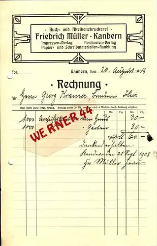 Kandern v. 1908  Friedrich Müller, Buch ubd Akzidenzdruckerei -- siehe Foto !!  (077)