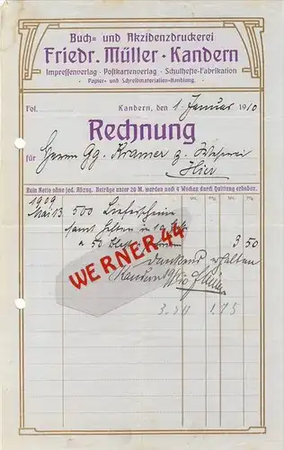 Kandern v. 1910  Friedrich Müller, Buch ubd Akzidenzdruckerei -- siehe Foto !!  (076)