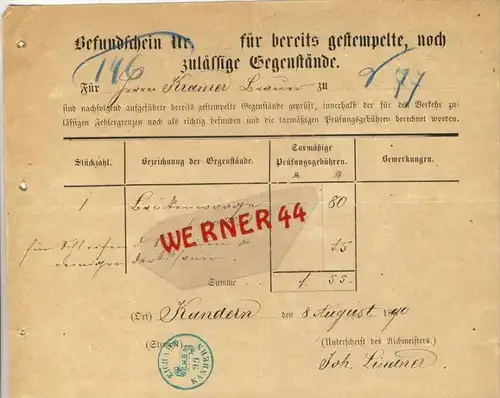 Kandern v. 1890 Gefundschein für bereits gestempelte ,noch zulässige Gegenstände-- siehe Foto !!  (069)