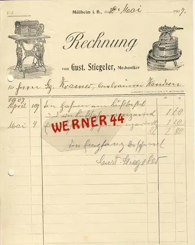 Müllheim v. 1907  Gust. Stiegeler, Mechanische Werkstätte -- siehe Foto !!  (065)