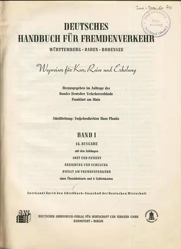 Deutsches Handbuch für Fremdenverkehr in Württemberg,Baden & Bodensee von 1951