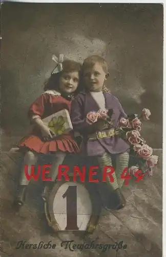 Herzliche Neujahrsgrüsse v. 1918  2 Kinder mit Rosen  --  (36623)