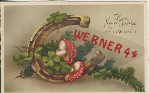 Zum Neuen Jahre die Besten Wünsche v. 1938  Hufeisen,Pilz,Tannengrün,Kleeblatt  --  (36625)