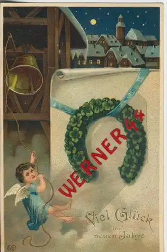 Viel Glück im neuen Jahr v. 1928  Dorf,Glocke mit Engel der läutet  --  (36634)