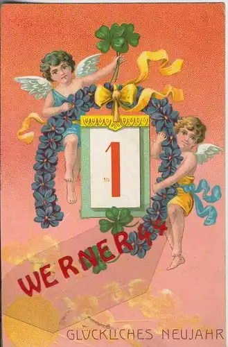 Glückliches Neujahr v. 1907  2 Engel mit einen Hufeisenkranz mit Blüten  --  (36643)