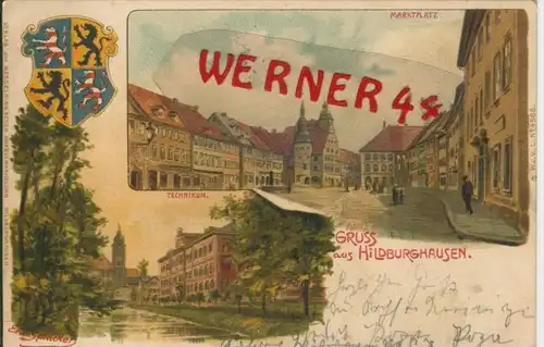 Gruss aus Hildburghausen v. 1902 Marktplatz & Technikum  --  siehe Foto !!  (29402)