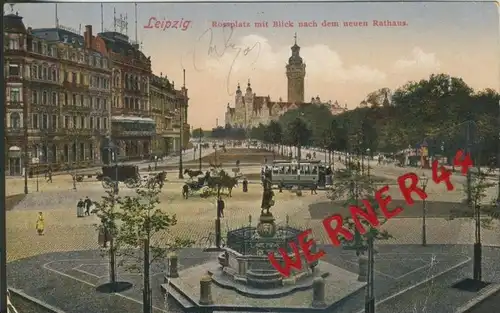 Leipzig v. 1922  Rossplatz mit Kutschen und Strassenbahn und das Rathaus  ()  --  siehe Foto !!  (29410)