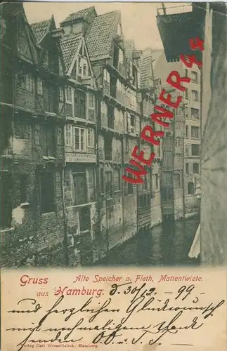 Gruss aus Hamburg v. 1899  Alte Speicher a. Fleth,Mattenwiete   ()  --  siehe Foto !!  (29438)