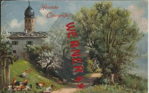 Ostern v. 1922  Bauerhof mit Hühner und die Kirche  ()  --  siehe Foto !!  (29477)