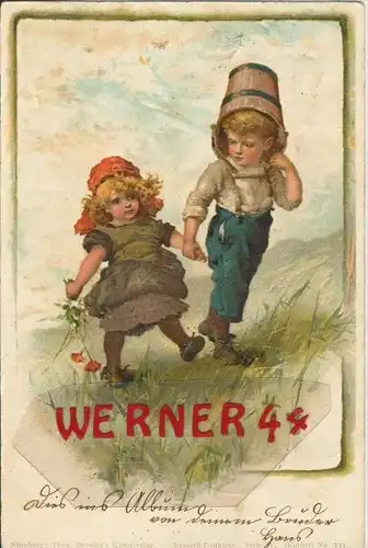 Ein Junge und Mädchen auf einer Wiese v. 1906   ()  --  siehe Foto !!  (29493)