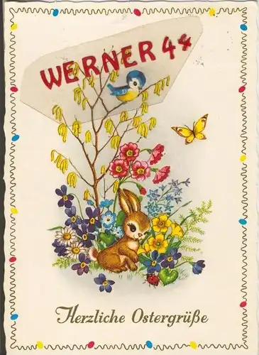 Ostern v. 1972  Zweig mit Blumen und Vogel und ein Hase mit Käfer  --  siehe Foto !!  (29281)