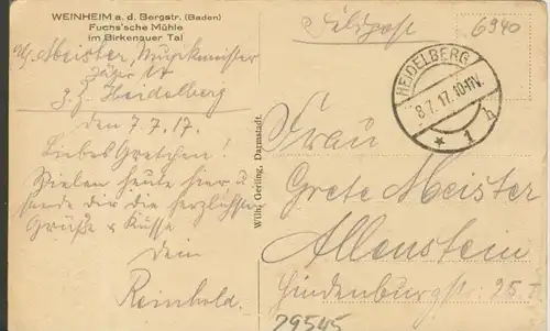 Weinheim v. 1917  Fuchs`sche Mühle  im Birkenauer Tal  (1.W.-Feldpost-Stempel)  --  siehe Foto !!  (29545)