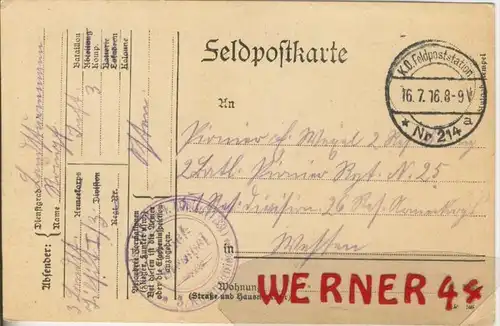 Siehe Stempel --- Feldpoststempel mit Bataillons-Anschrift -- 1. Weltkrieg  (Postkarte) --  siehe Foto !!  (45)