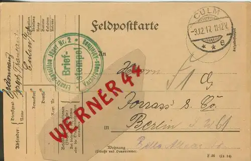 Culm --- Feldpoststempel mit Bataillons-Anschrift -- 1. Weltkrieg  (Postkarte) --  siehe Foto !!  (46)