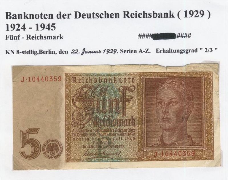 Banknoten Der Deutschen Reichsbank Von 1924 1945 5 Reichsmark 51 2 Nr Oldthing Dt Reich 1871 1945 Sonstige